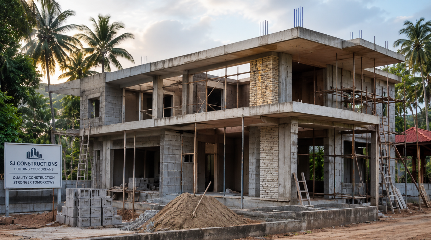 Modern residential house under construction in Goa with RCC structure and tropical surroundings